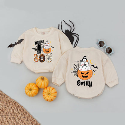 My 1st Boo Baby Romper Personalized with Little Ghost Pumpkin Halloween Outfit for Baby Girl Emily Custom Name Cute Fall Bodysuit