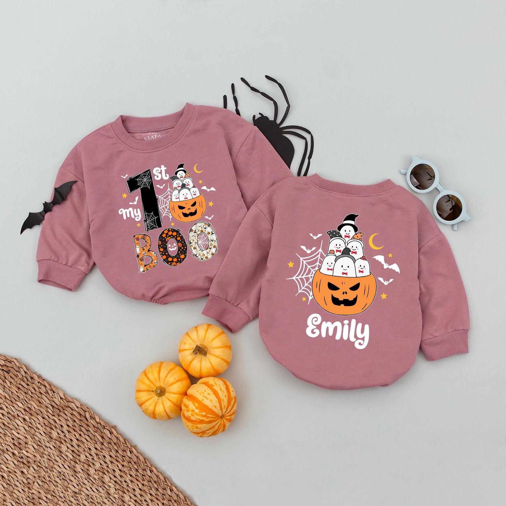 My 1st Boo Baby Romper Personalized with Little Ghost Pumpkin Halloween Outfit for Baby Girl Emily Custom Name Cute Fall Bodysuit