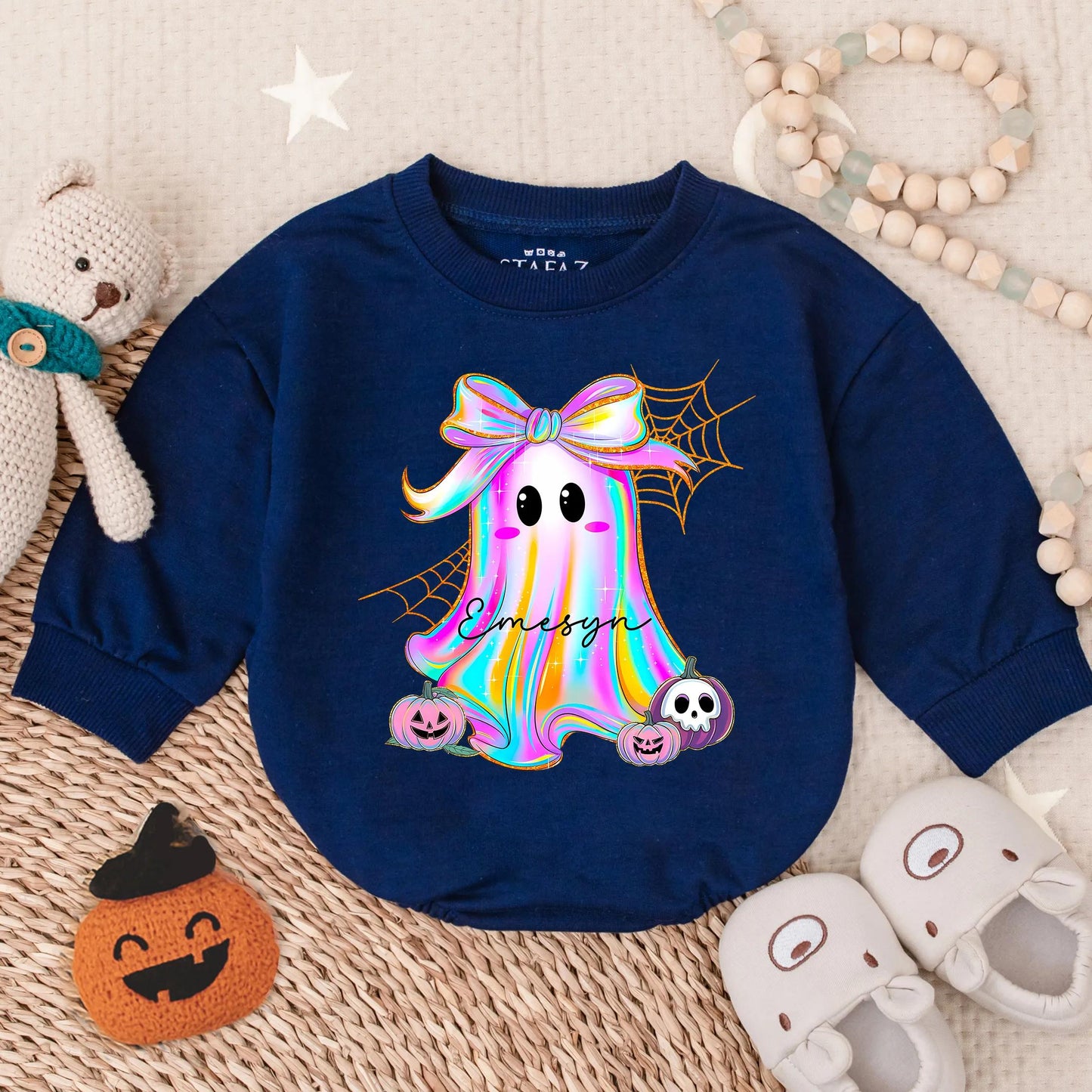 Custom Iridescent Ghost Pumpkin Romper Girly First Halloween Baby Outfit Cute Spooky Fall Bodysuit Preppy Ghost Bubble for Girls