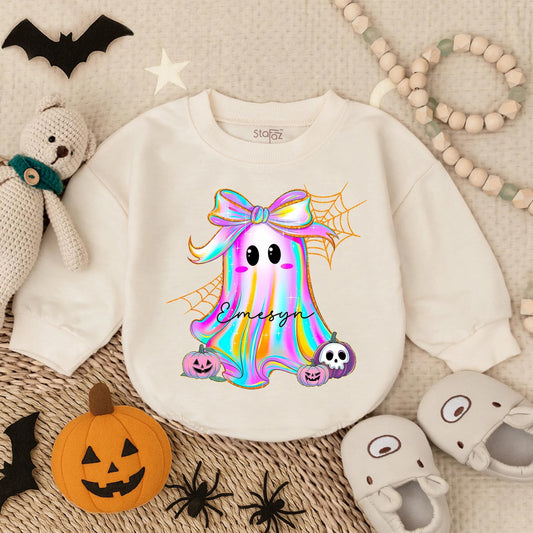 Custom Iridescent Ghost Pumpkin Romper Girly First Halloween Baby Outfit Cute Spooky Fall Bodysuit Preppy Ghost Bubble for Girls