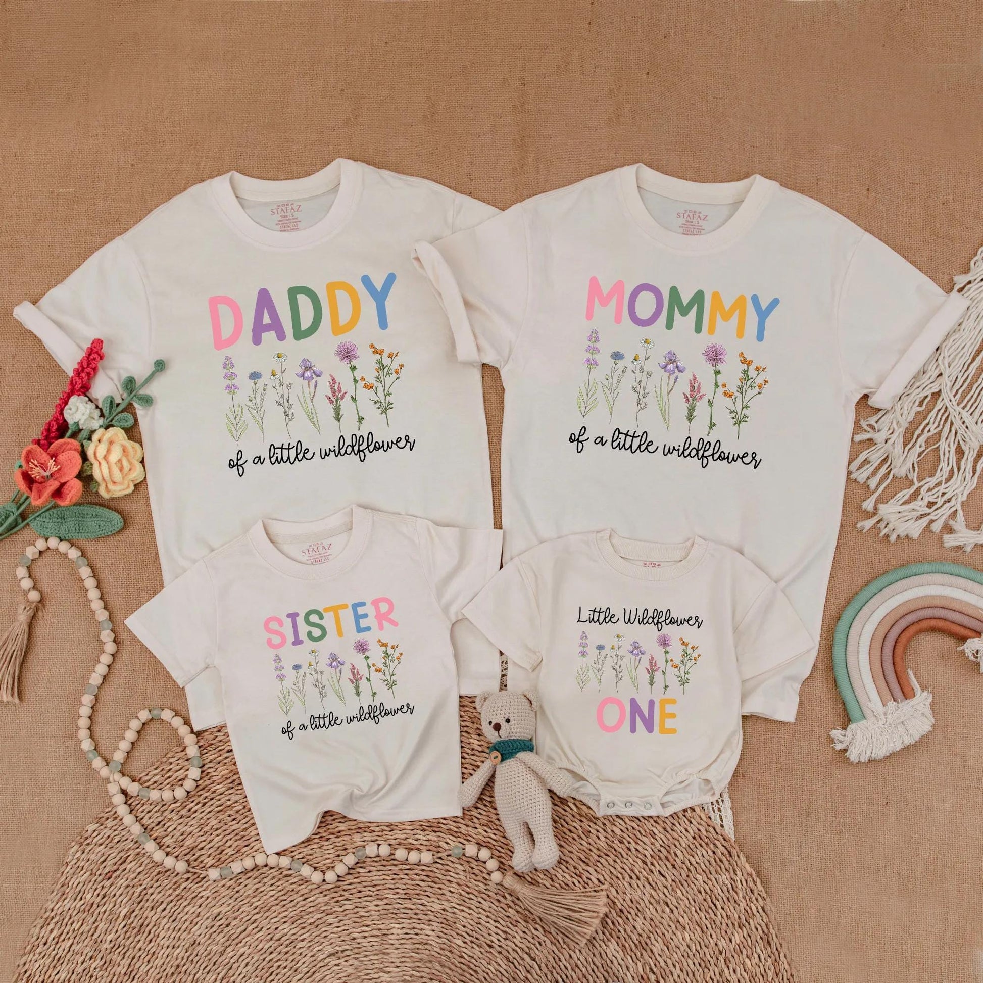 Little Wildflower Family Matching Shirts Boho Floral 1st Birthday Outfits Mommy Daddy Sister Wild One Birthday Girl Gift Celebration Clothes Cotton