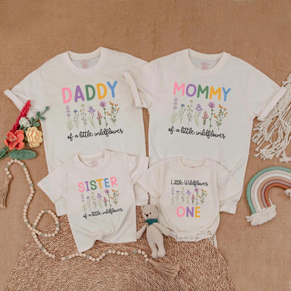 Little Wildflower Family Matching Shirts Boho Floral 1st Birthday Outfits Mommy Daddy Sister Wild One Birthday Girl Gift Celebration Clothes Cotton