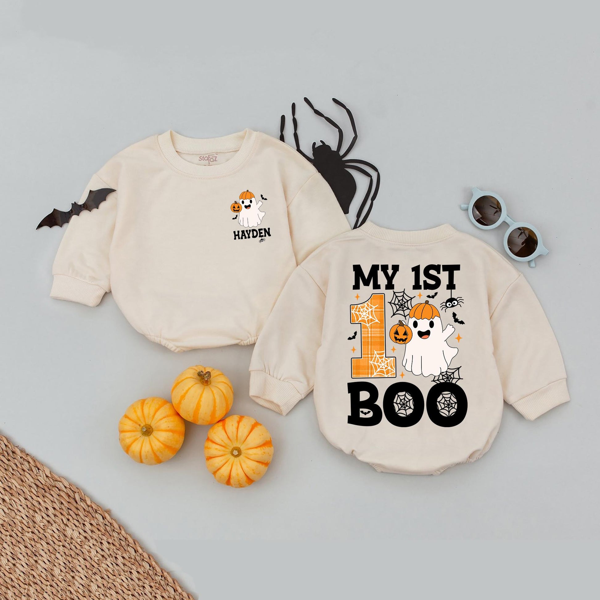 Personalized My 1st Boo Halloween Baby Romper Custom Name Outfit - Spooky First Halloween Costume - Ghost & Pumpkin Design Baby Fall Clothes