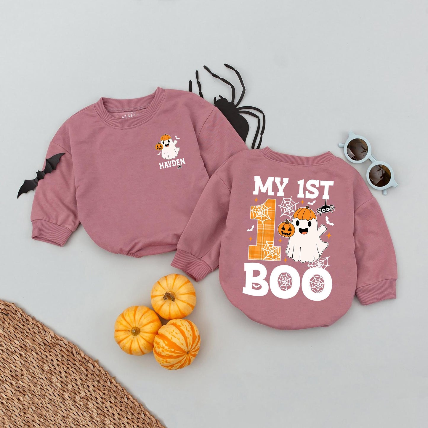 Personalized My 1st Boo Halloween Baby Romper Custom Name Outfit - Spooky First Halloween Costume - Ghost & Pumpkin Design Baby Fall Clothes