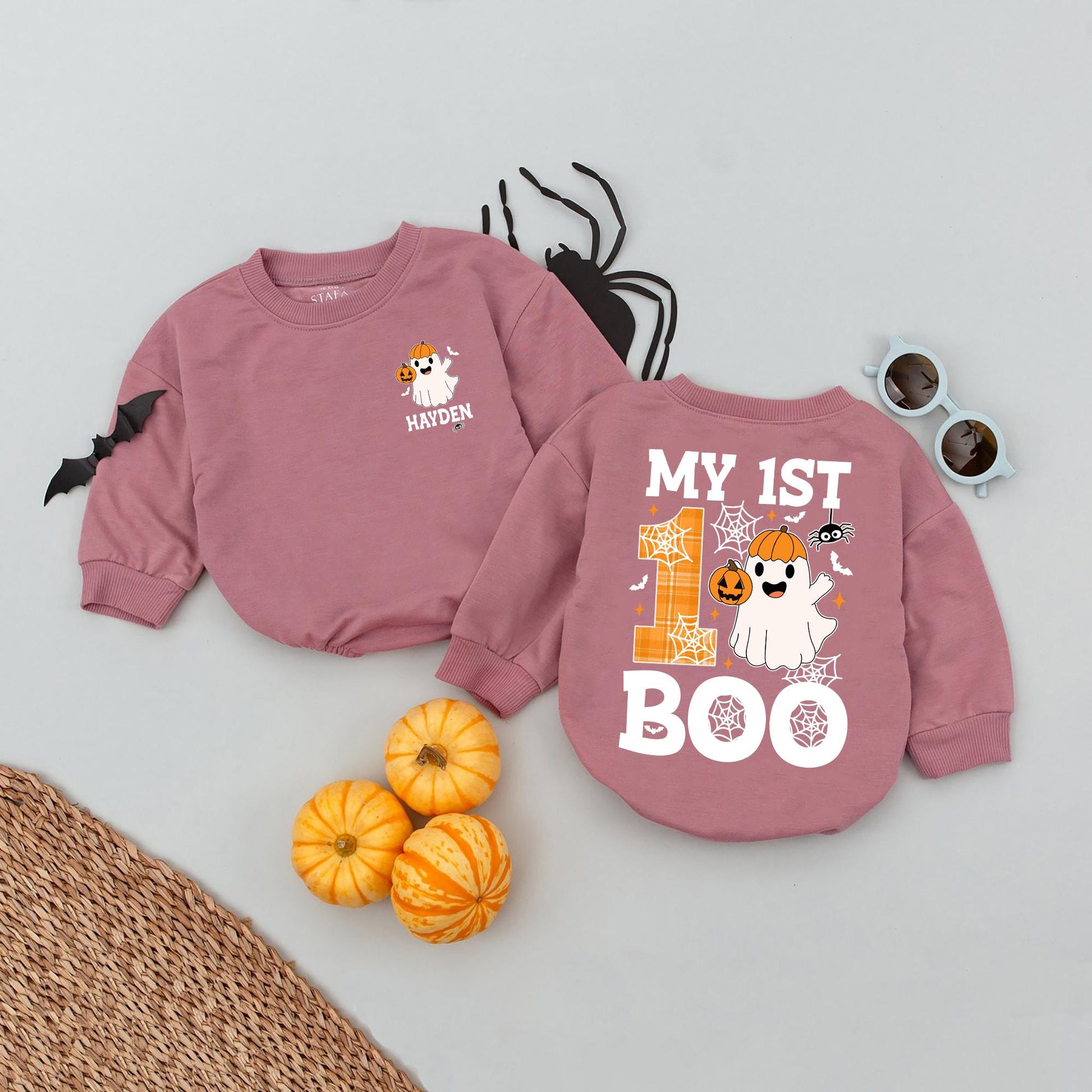 Personalized My 1st Boo Halloween Baby Romper Custom Name Outfit - Spooky First Halloween Costume - Ghost & Pumpkin Design Baby Fall Clothes
