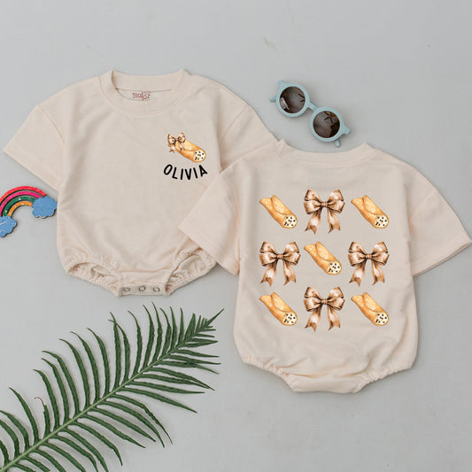 Olivia's Little Cannoli Romper: Sweet Italian Treat! Cute Bow Pastry Baby Bodysuit, Foodie Newborn Outfit, Shower Gift, Minimalist Design 135