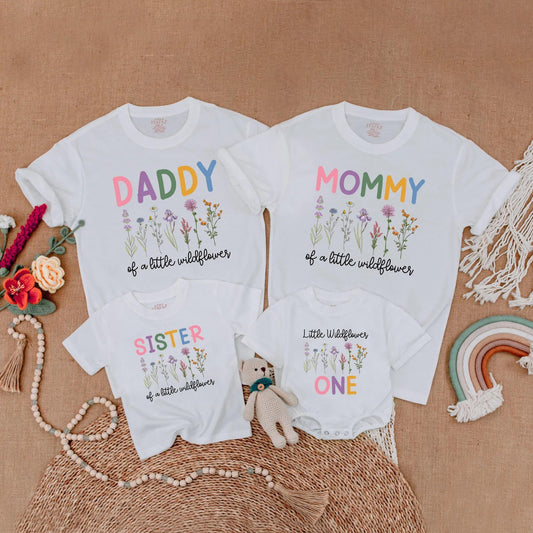 Little Wildflower Family Matching Shirts Boho Floral 1st Birthday Outfits Mommy Daddy Sister Wild One Birthday Girl Gift Celebration Clothes Cotton