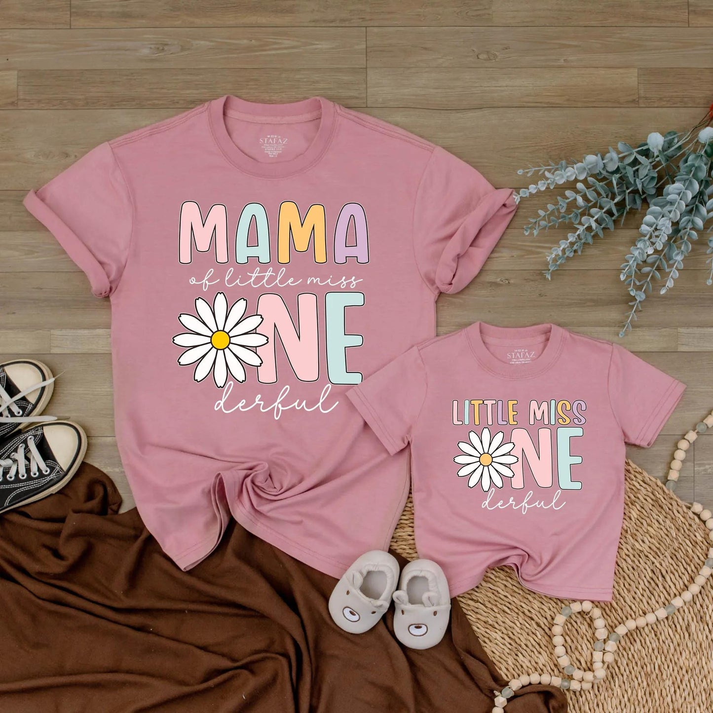 Little Miss ONEderful Matching Family Birthday Shirts, Daisy 1st Birthday Outfit for Girls, Mama Dada Sister Tee, Pastel Rainbow, 130-140 Characters!