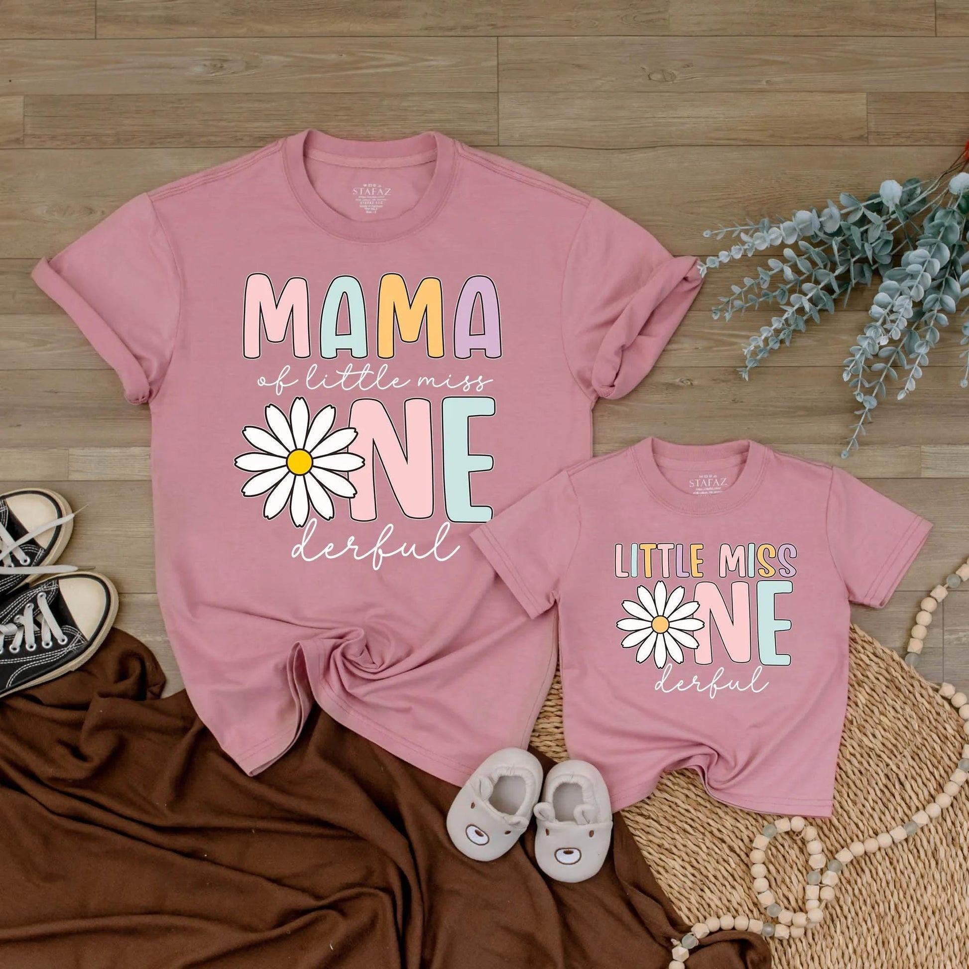 Little Miss ONEderful Matching Family Birthday Shirts, Daisy 1st Birthday Outfit for Girls, Mama Dada Sister Tee, Pastel Rainbow, 130-140 Characters!