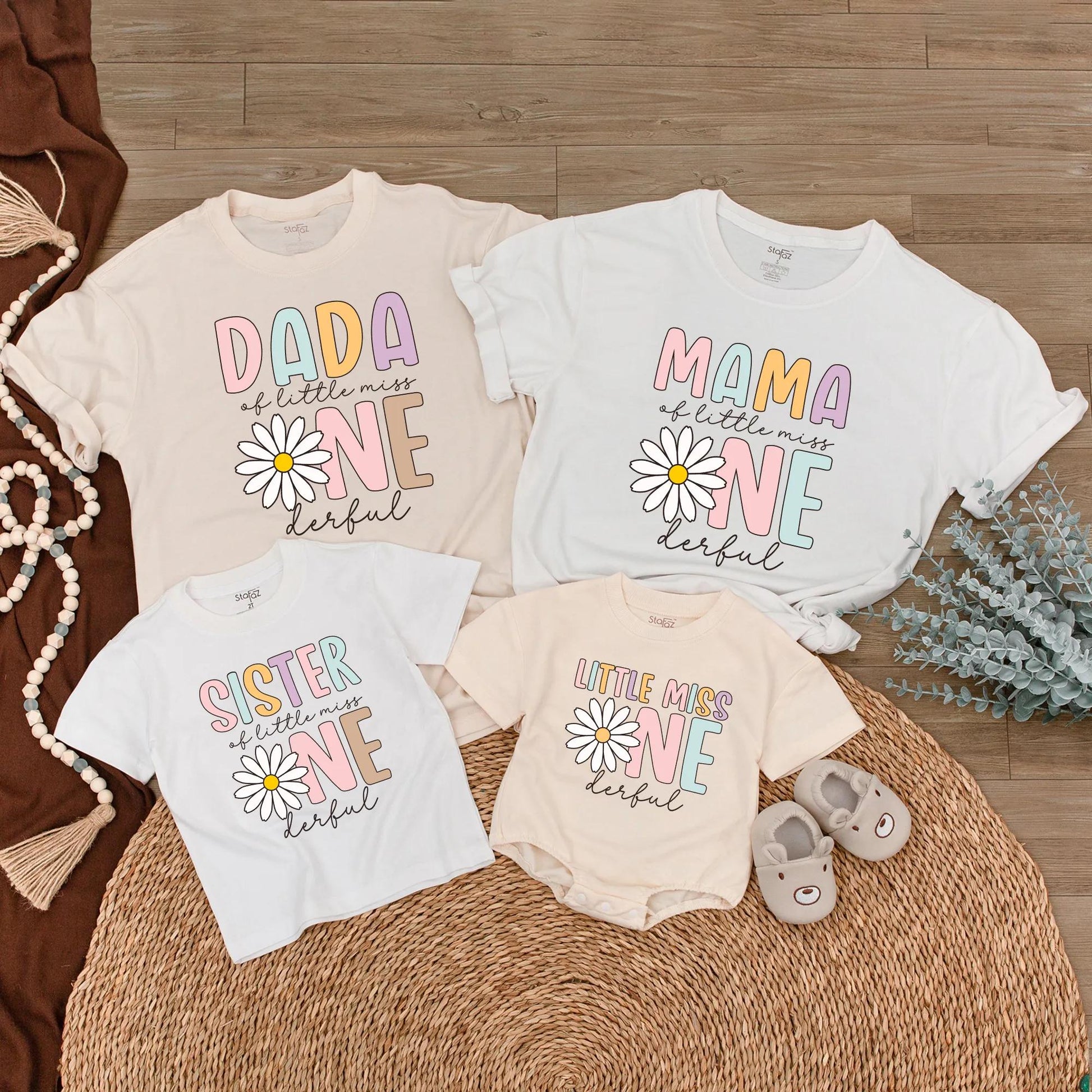 Little Miss ONEderful Matching Family Birthday Shirts, Daisy 1st Birthday Outfit for Girls, Mama Dada Sister Tee, Pastel Rainbow, 130-140 Characters!
