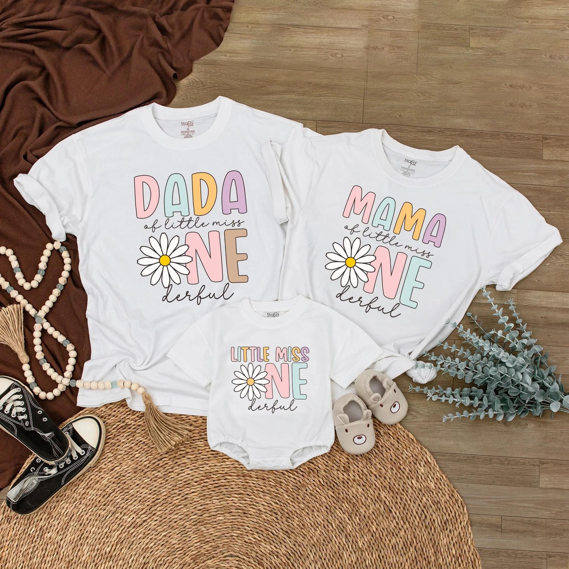 Little Miss ONEderful Matching Family Birthday Shirts, Daisy 1st Birthday Outfit for Girls, Mama Dada Sister Tee, Pastel Rainbow, 130-140 Characters!