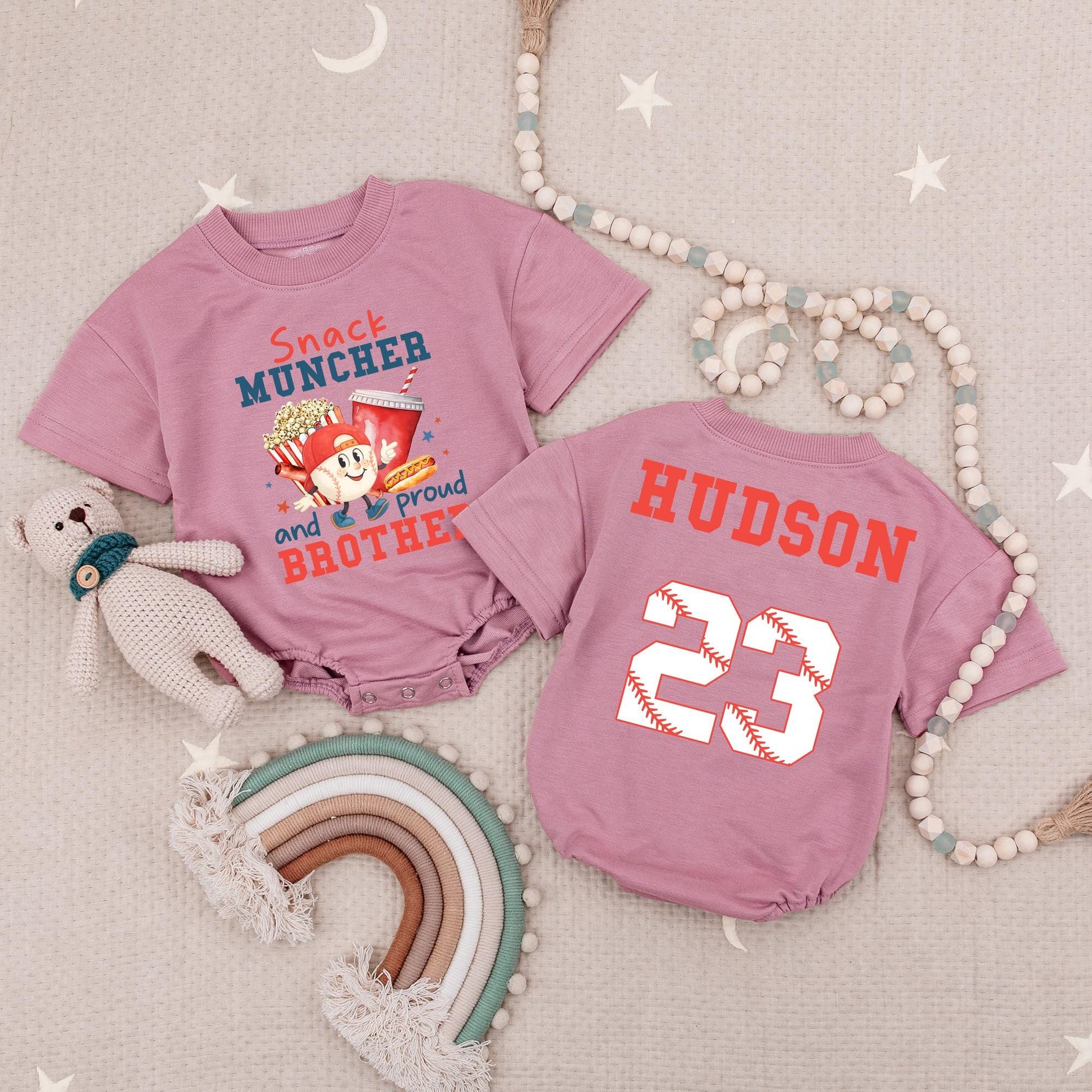 Snack Muncher & Proud Brother Baseball Romper Baby Toddler Game Day Ballpark Outfit
