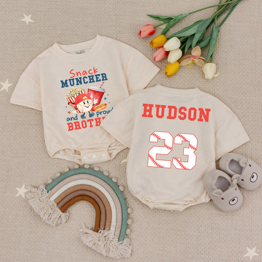 Snack Muncher & Proud Brother Baseball Romper Baby Toddler Game Day Ballpark Outfit