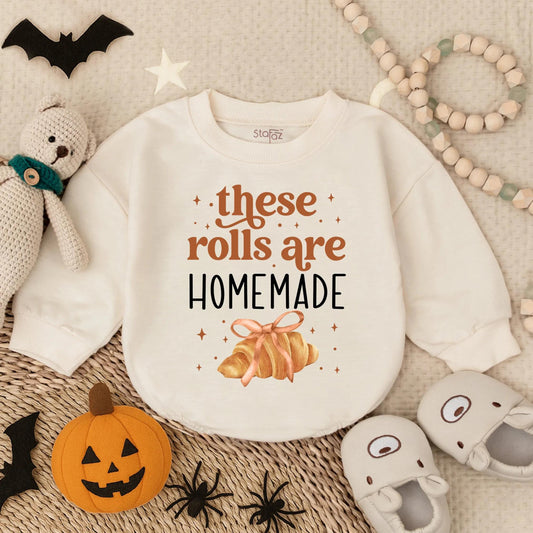 Homemade Rolls Baby Romper & Toddler Fall Sweater Set, Cute Vintage Thanksgiving Outfit, Warm Beige & Brown Colors