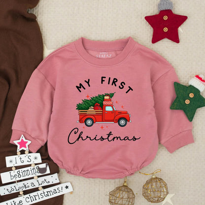 My First Christmas Baby Romper, Red Truck & Tree Sweatshirt Outfit, Newborn Holiday Bodysuit, Winter Pullover, Baby Shower Gift, Festive Star Design (139)