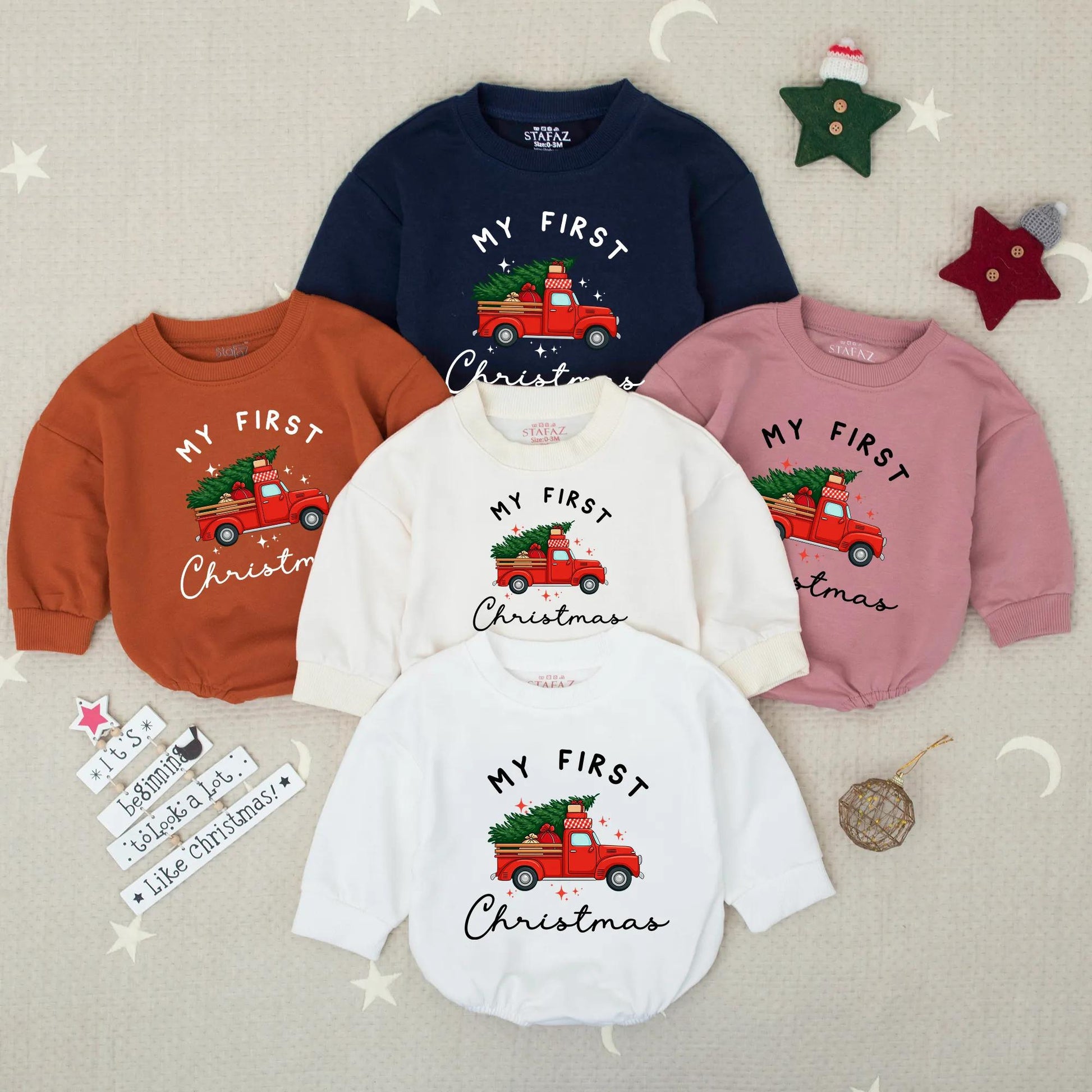 My First Christmas Baby Romper, Red Truck & Tree Sweatshirt Outfit, Newborn Holiday Bodysuit, Winter Pullover, Baby Shower Gift, Festive Star Design (139)