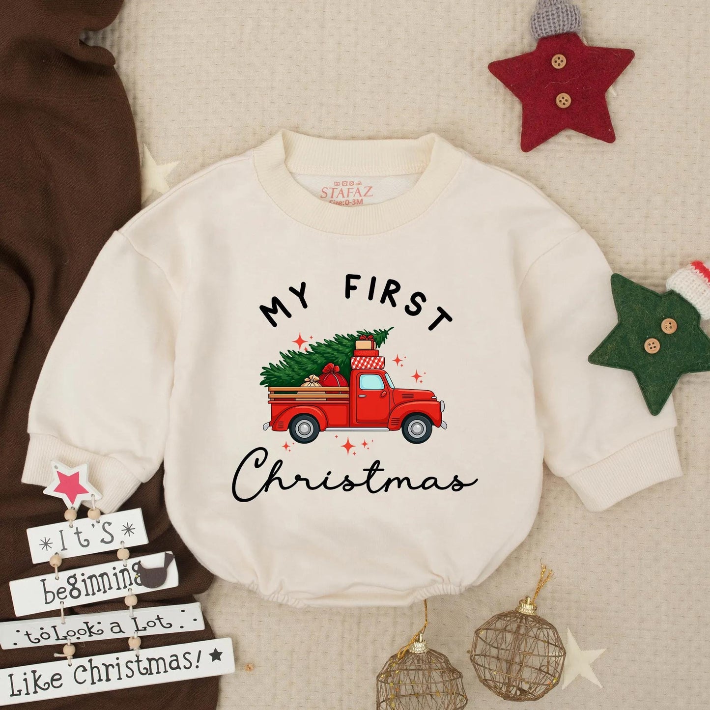 My First Christmas Baby Romper, Red Truck & Tree Sweatshirt Outfit, Newborn Holiday Bodysuit, Winter Pullover, Baby Shower Gift, Festive Star Design (139)