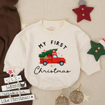 My First Christmas Baby Romper, Red Truck & Tree Sweatshirt Outfit, Newborn Holiday Bodysuit, Winter Pullover, Baby Shower Gift, Festive Star Design (139)