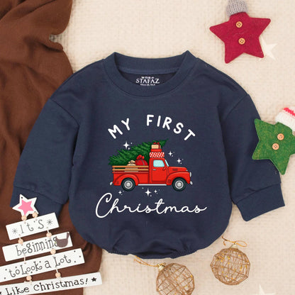My First Christmas Baby Romper, Red Truck & Tree Sweatshirt Outfit, Newborn Holiday Bodysuit, Winter Pullover, Baby Shower Gift, Festive Star Design (139)