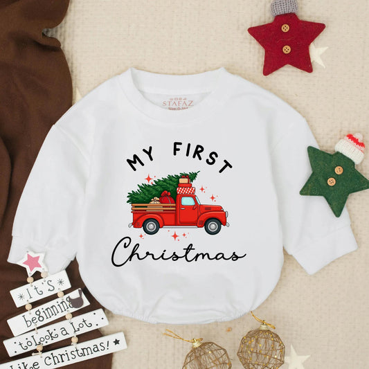 My First Christmas Baby Romper, Red Truck & Tree Sweatshirt Outfit, Newborn Holiday Bodysuit, Winter Pullover, Baby Shower Gift, Festive Star Design (139)