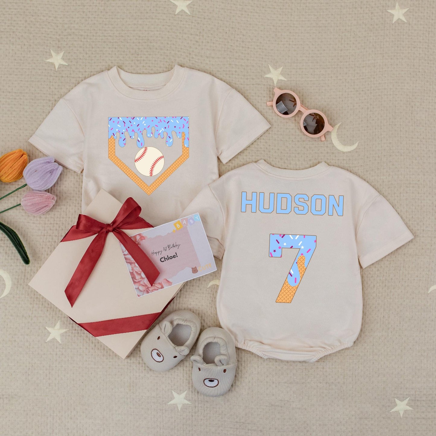 Personalized Baseball Ice Cream Drip Romper, Custom Name Baby Bodysuit, Waffle Cone Baseball Birthday Outfit, Boy's Summer Romper Gift, Sporty Kids 139