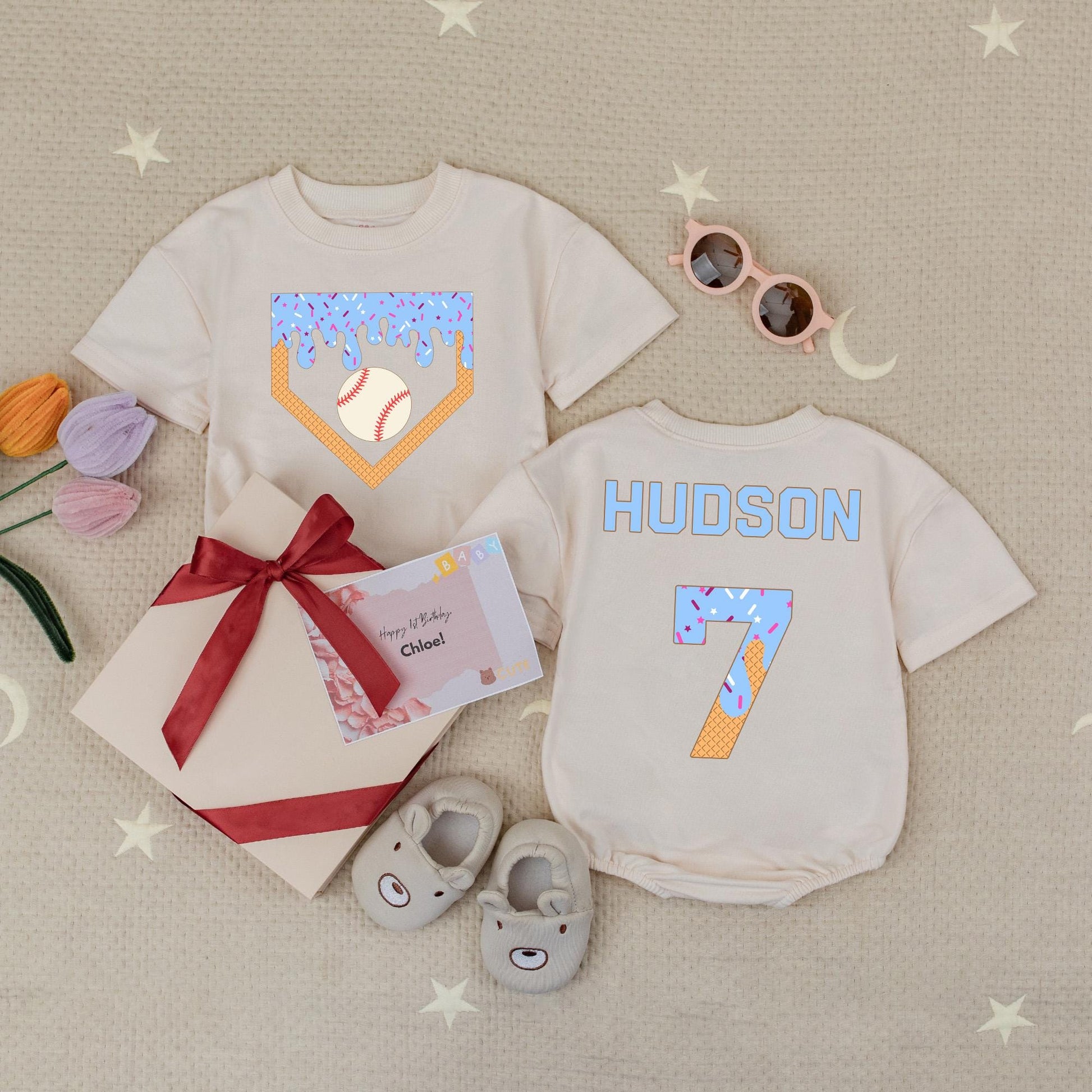Personalized Baseball Ice Cream Drip Romper, Custom Name Baby Bodysuit, Waffle Cone Baseball Birthday Outfit, Boy's Summer Romper Gift, Sporty Kids 139
