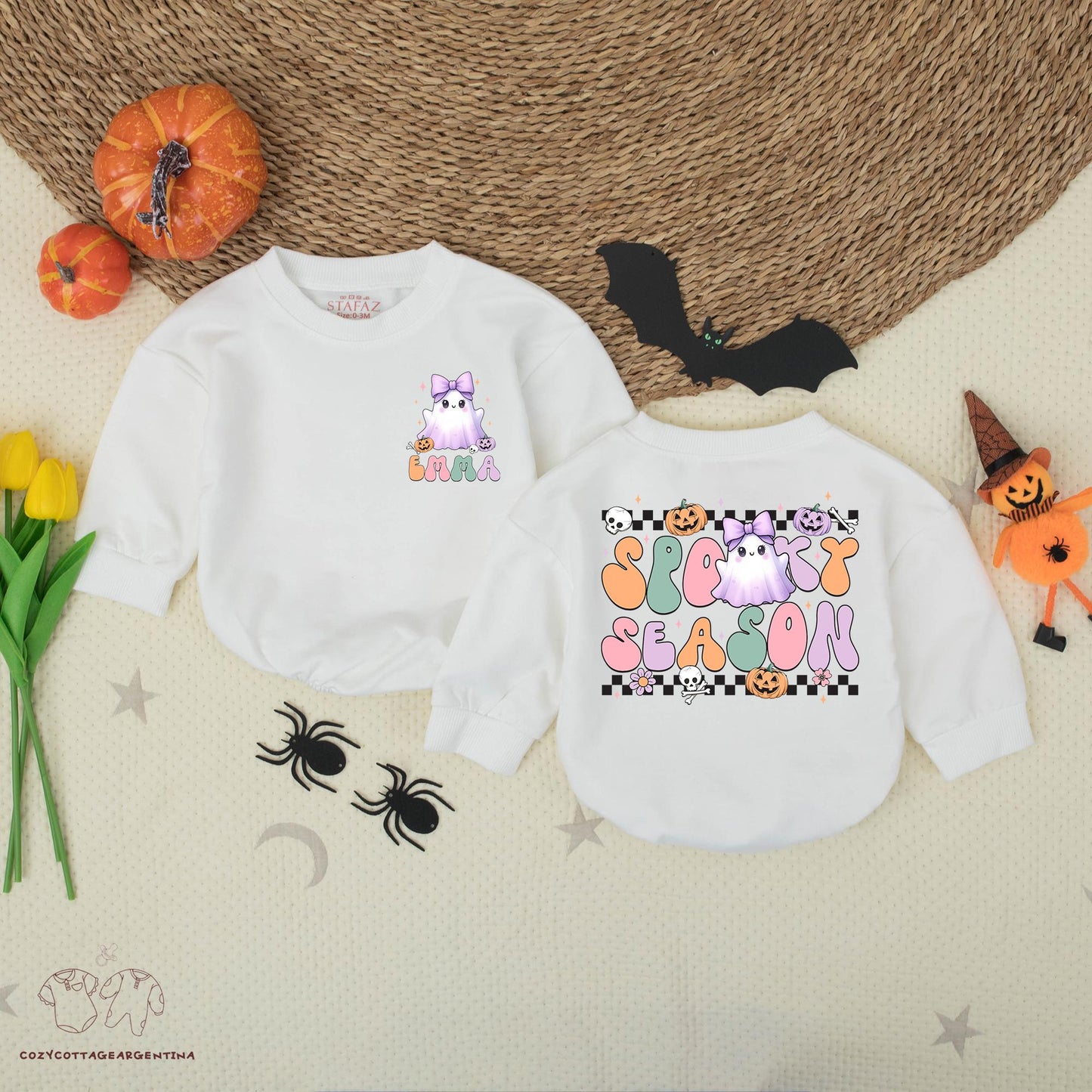 Personalized Spooky Season Romper: Cute Ghost Baby Halloween Outfit with Name, Groovy Font First Costume, Skull, Pumpkin, & Checkerboard Design, Comfy Cotton (Emma)