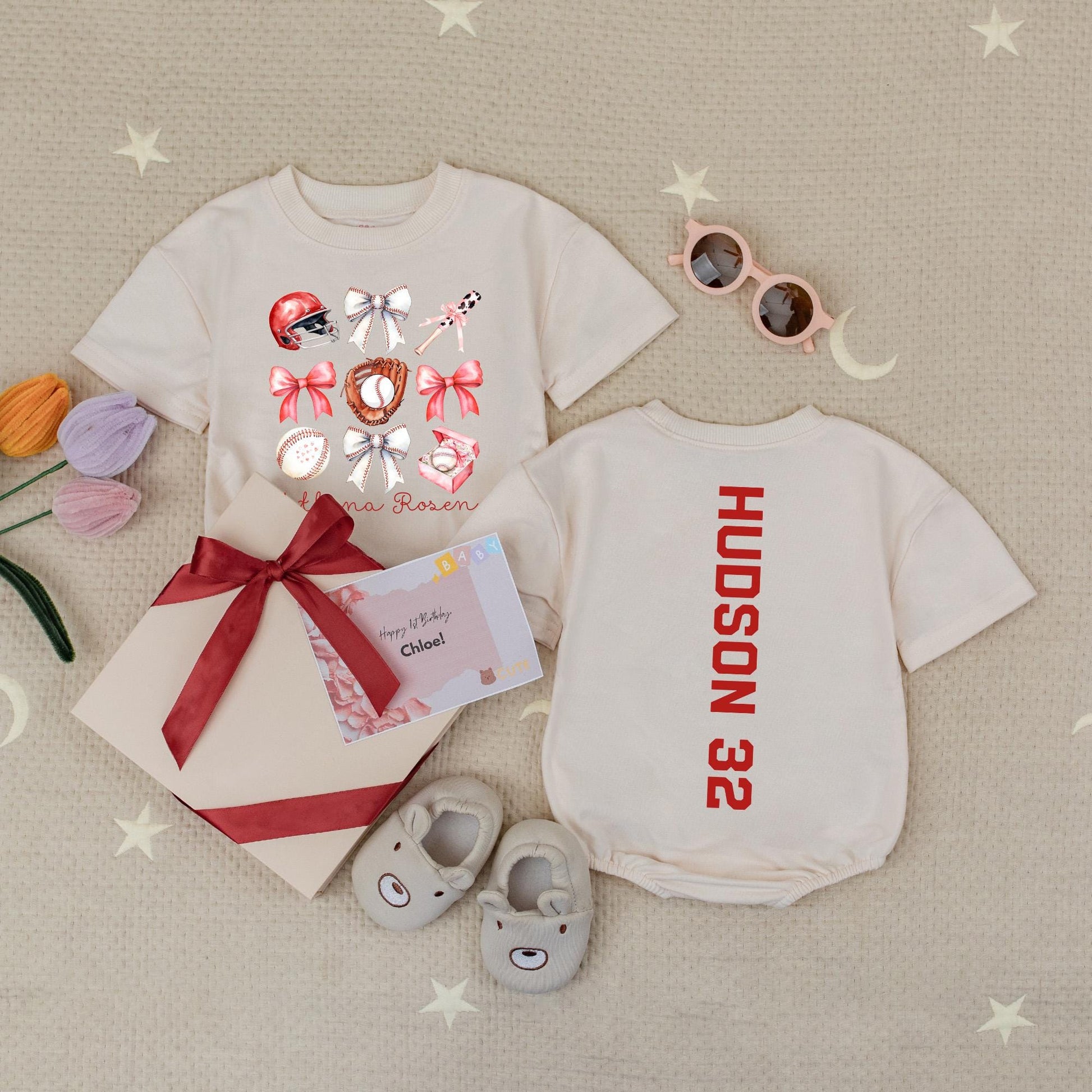 Personalized Baseball Sister Romper Set for Baby Girl, Bow & Team Graphics Outfit, Custom Name & Number Tee, Big/Little Sibling Tball Shirt, Comfy Cotton (139)