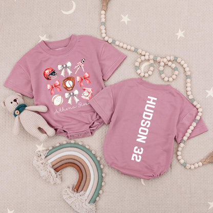 Personalized Baseball Sister Romper Set for Baby Girl, Bow & Team Graphics Outfit, Custom Name & Number Tee, Big/Little Sibling Tball Shirt, Comfy Cotton (139)