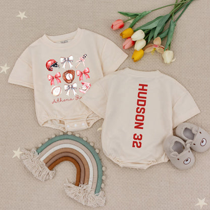 Personalized Baseball Sister Romper Set for Baby Girl, Bow & Team Graphics Outfit, Custom Name & Number Tee, Big/Little Sibling Tball Shirt, Comfy Cotton (139)