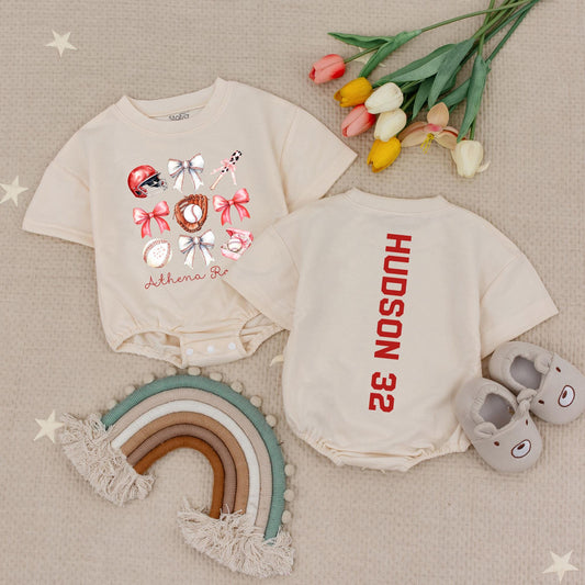 Personalized Baseball Sister Romper Set for Baby Girl, Bow & Team Graphics Outfit, Custom Name & Number Tee, Big/Little Sibling Tball Shirt, Comfy Cotton (139)