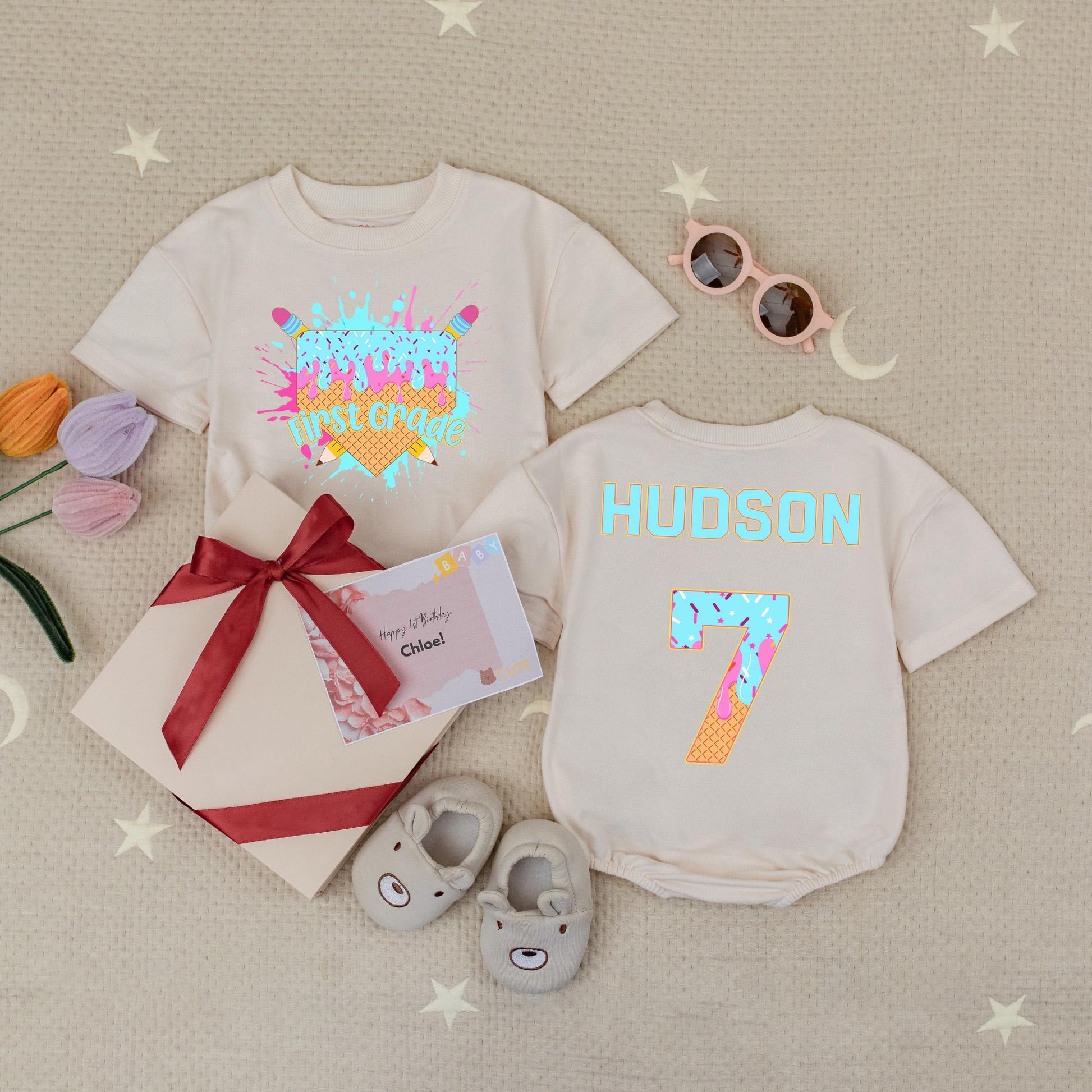 Personalized Ice Cream Drip First Grade Romper Outfit, Back to School Baseball Tee, Custom Name Hudson 7 Kids Shirt, 1st Day Outfit, Baby Romper 