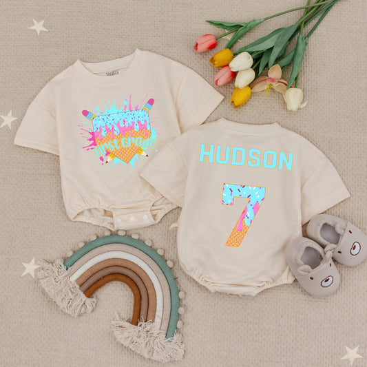 Personalized Ice Cream Drip First Grade Romper Outfit, Back to School Baseball Tee, Custom Name Hudson 7 Kids Shirt, 1st Day Outfit, Baby Romper 