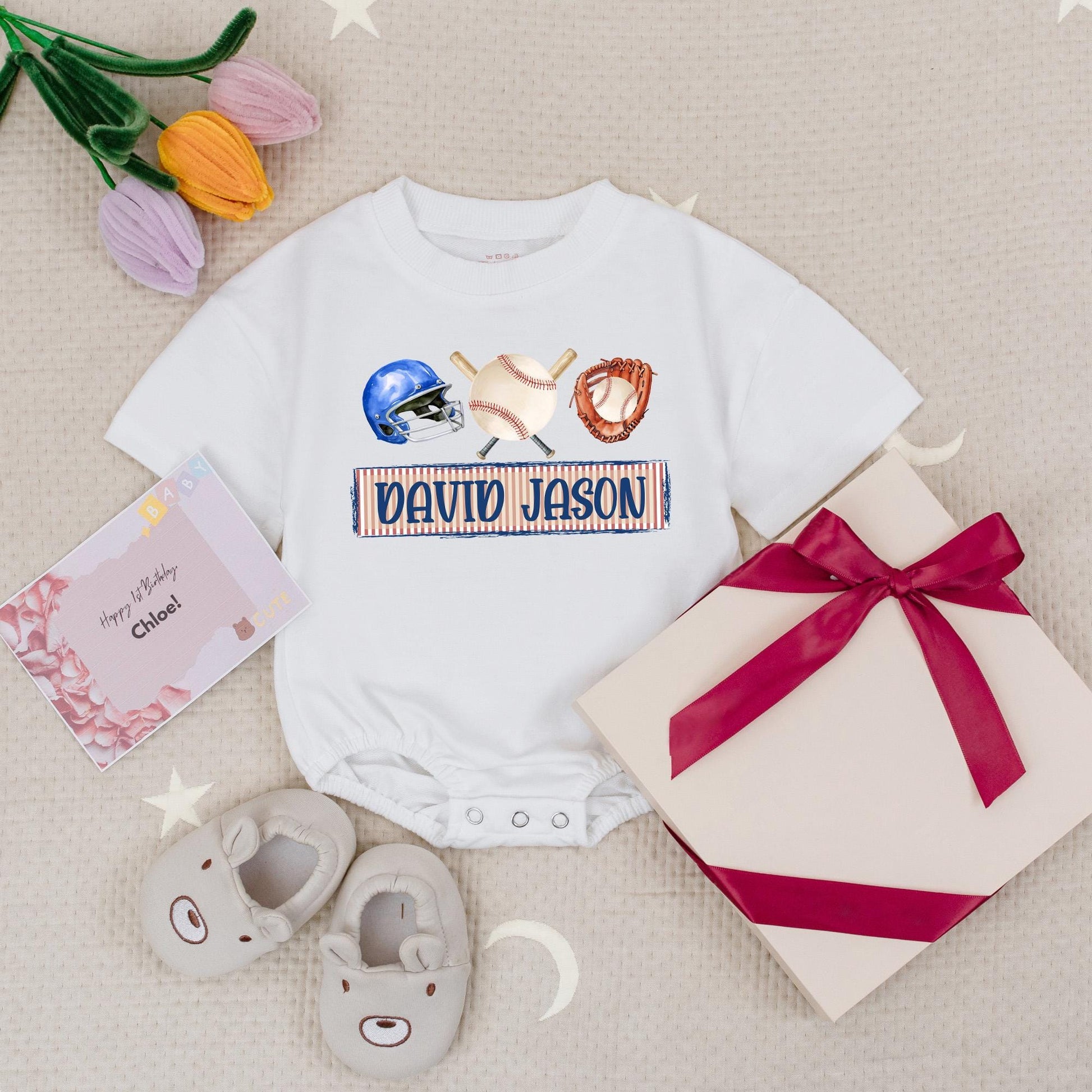 Personalized Baseball Star Romper: Custom Name Blue Helmet & Bats Baby Bodysuit, Little Slugger Outfit, Infant Sports Tee, Patriotic Kids Game Day Shirt