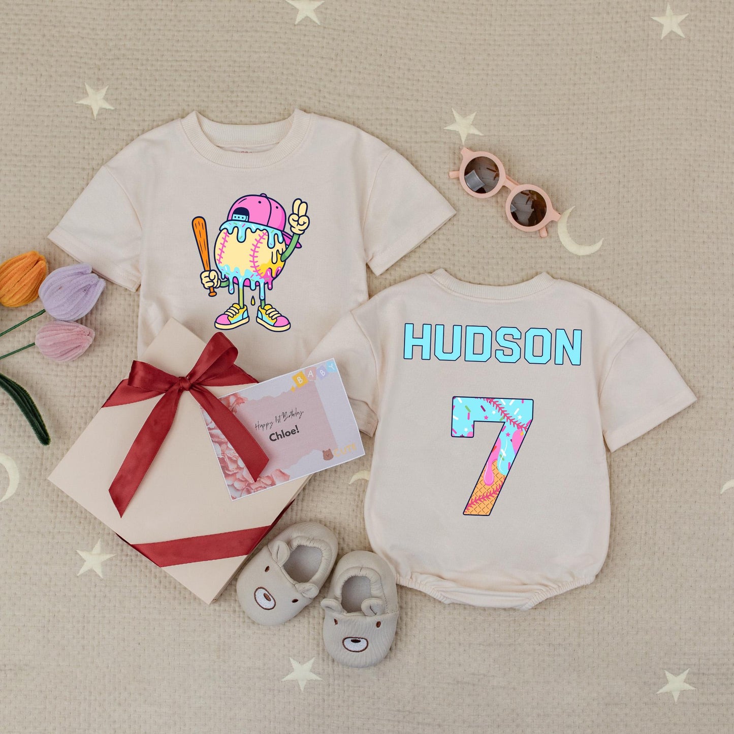 Baseball Drip Boy Shirt Custom Name Number, Ice Cream Romper Set, Personalized Baseball Outfit for Kids, Toddler First Birthday Party Clothes 138