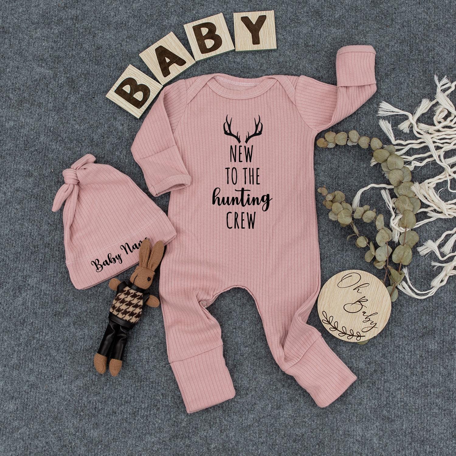 New To The Hunting Crew Baby Bodysuit with Custom Name Hat Rustic Antler Design Coming Home Outfit