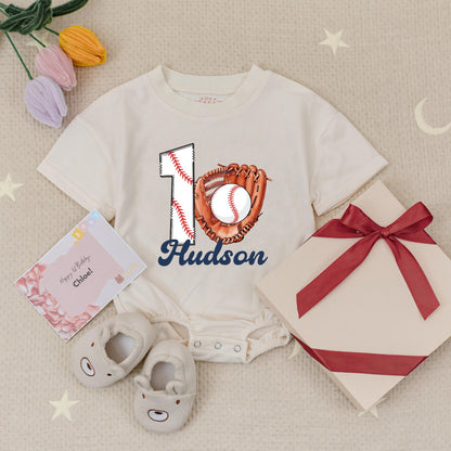 Hudson Baseball Rookie of The Year First Birthday Baby Romper Custom Name 1st Birthday Party Bodysuit Boy One Year Old Outfit