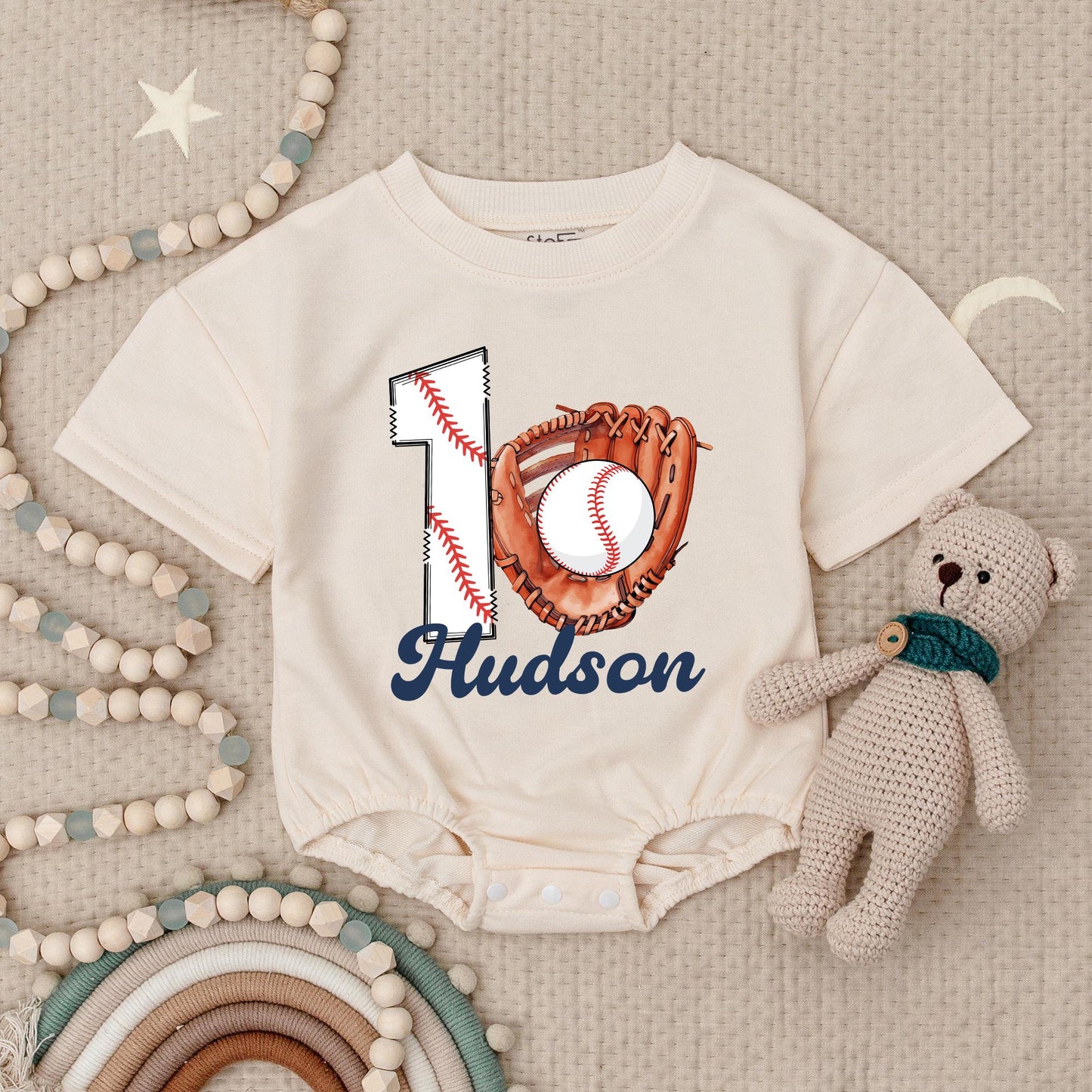 Hudson Baseball Rookie of The Year First Birthday Baby Romper Custom Name 1st Birthday Party Bodysuit Boy One Year Old Outfit