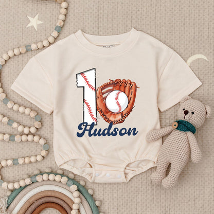 Hudson Baseball Rookie of The Year First Birthday Baby Romper Custom Name 1st Birthday Party Bodysuit Boy One Year Old Outfit