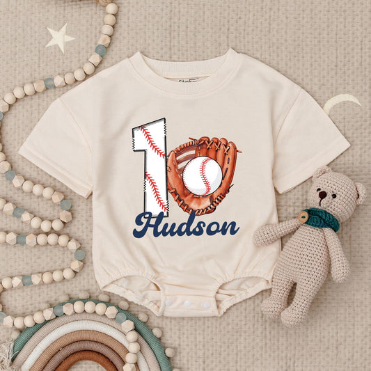 Hudson Baseball Rookie of The Year First Birthday Baby Romper Custom Name 1st Birthday Party Bodysuit Boy One Year Old Outfit