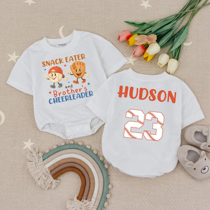 SNACK EATER & Brother's Cheerleader Baby Romper, Hudson 23 Baseball Toddler Tee, Playful Orange & Blue Design, Baseball Sibling Gift