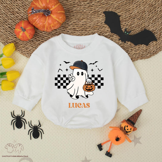 Cute Ghost Halloween Romper for Baby Boys with Baseball Cap and Jack-o'-Lantern, Personalized LUCAS Name, Stars & Bats, Checkerboard Pattern, First Halloween Outfit