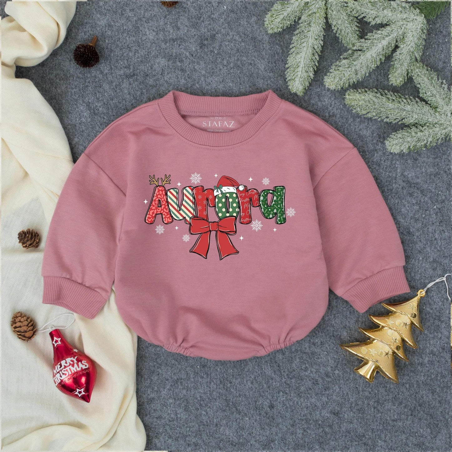 Personalized Name Christmas Baby Bodysuit Festive Holiday Infant Romper Red Green Design Bow Snowflakes Whimsical Newborn Outfit Baby Shower Gift