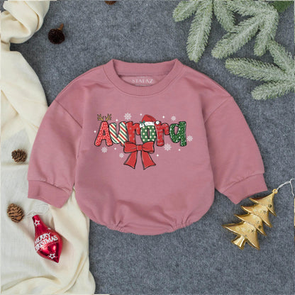 Personalized Name Christmas Baby Bodysuit Festive Holiday Infant Romper Red Green Design Bow Snowflakes Whimsical Newborn Outfit Baby Shower Gift