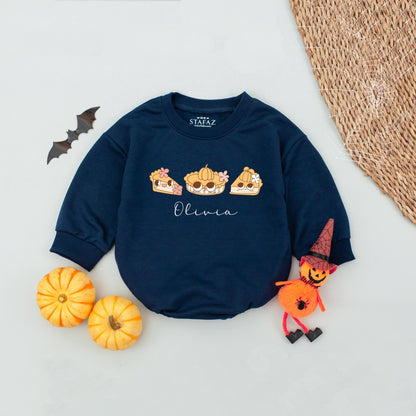 Custom Name Thanksgiving Baby Romper One Cutie Pie Design Fall Bodysuit Cute Pumpkin Pie Cake Smash Outfit Warm Tan Orange Flowers