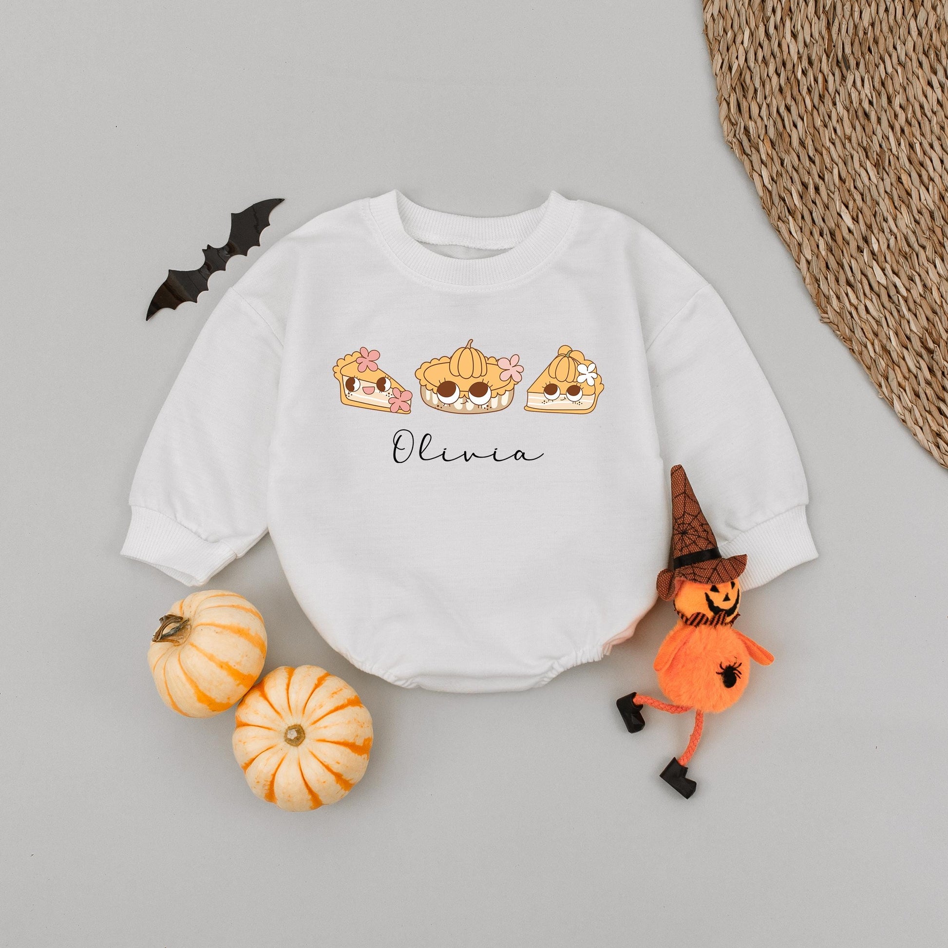 Custom Name Thanksgiving Baby Romper One Cutie Pie Design Fall Bodysuit Cute Pumpkin Pie Cake Smash Outfit Warm Tan Orange Flowers