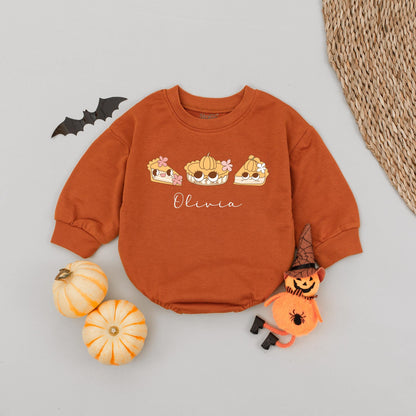 Custom Name Thanksgiving Baby Romper One Cutie Pie Design Fall Bodysuit Cute Pumpkin Pie Cake Smash Outfit Warm Tan Orange Flowers