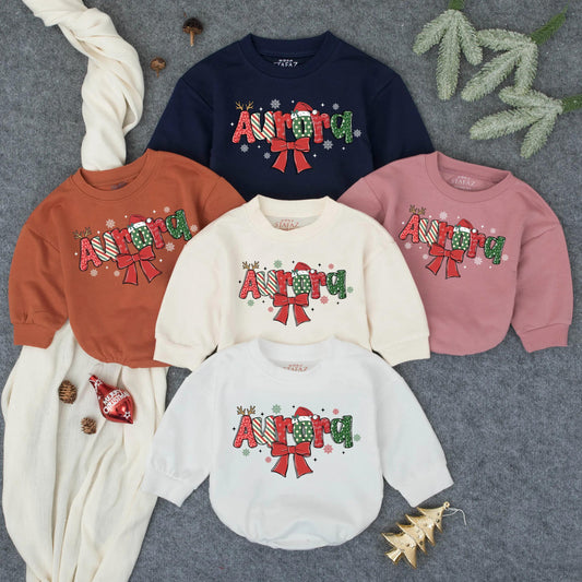 Personalized Name Christmas Baby Bodysuit Festive Holiday Infant Romper Red Green Design Bow Snowflakes Whimsical Newborn Outfit Baby Shower Gift