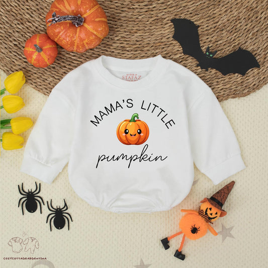 Mama's Little Pumpkin Baby Romper Cute Halloween Fall Outfit Smiling Pumpkin Black Font Script "Pumpkin" Gift Baby Clothes