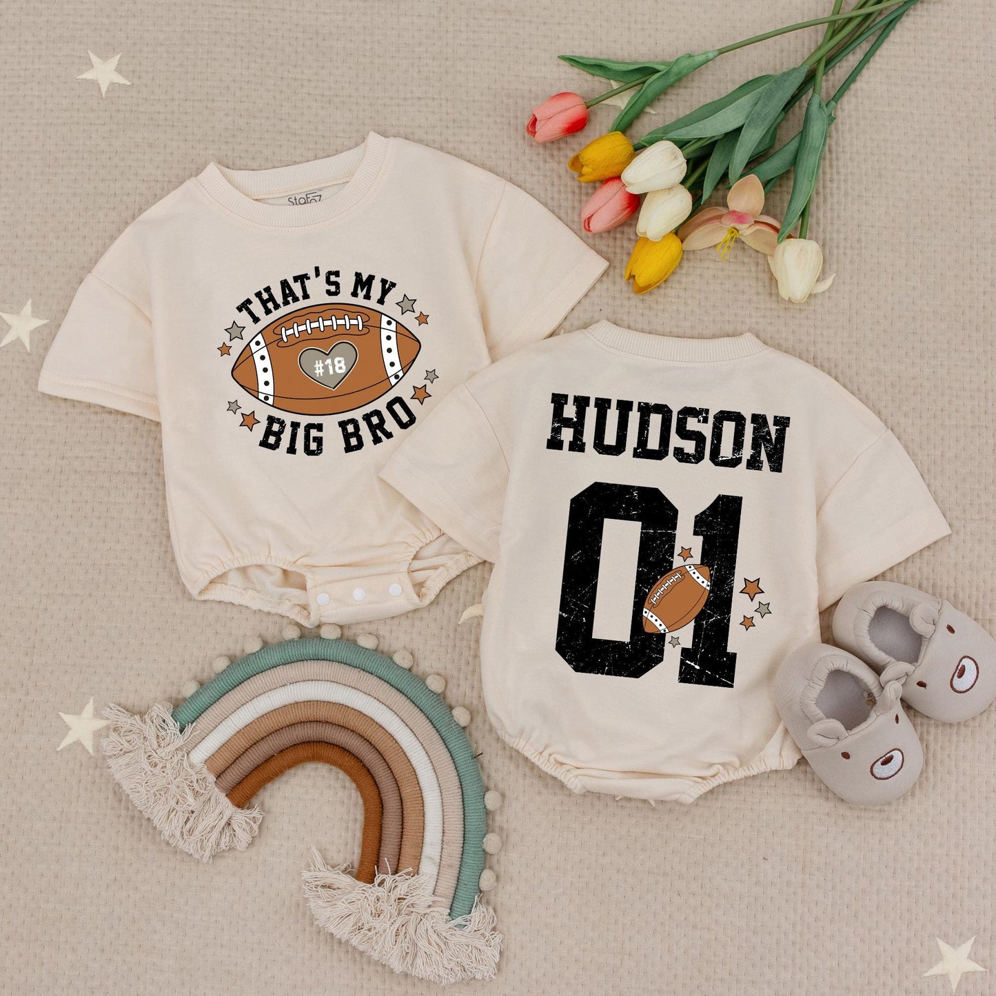 Custom 'That's My Big Bro' Football Romper, Hudson 01 Personalized Game Day Baby Outfit, Brother's Biggest Fan Clothes 18 Heart Star Accents